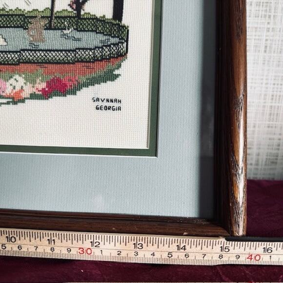 Vintage Needlepoint 16" Wood Framed Artwork, Forsyth Park, Savannah GA Folk Art - Picture 7 of 15